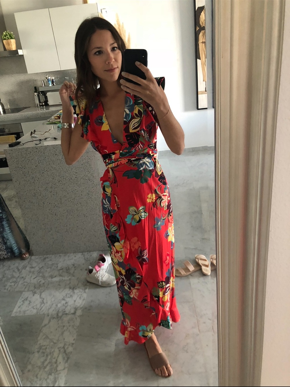 Alexis Red Floral Wrap Maxi Dress with Multicolor Blooms